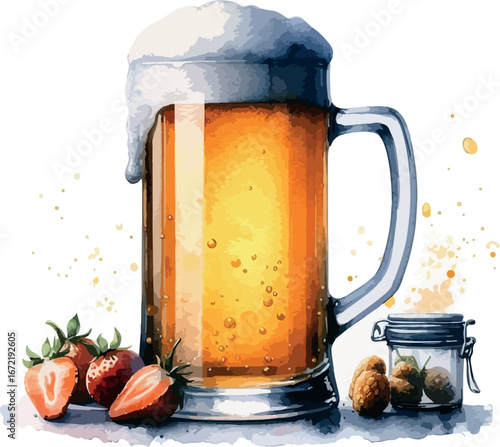 A refreshing golden pint of cold beer with a foamy froth in a glass mug, isolated on a wooden background
