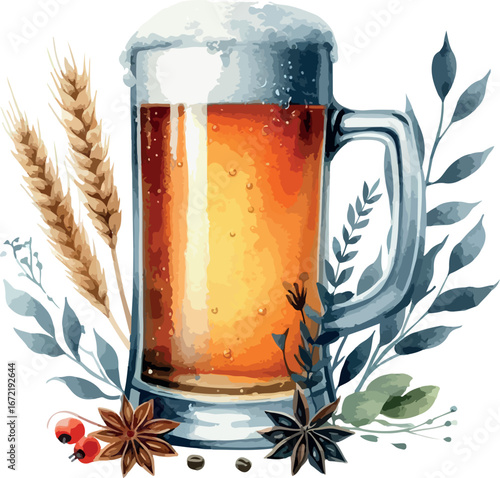 A glass of golden ale with a frothy head of foam, isolated on a white background