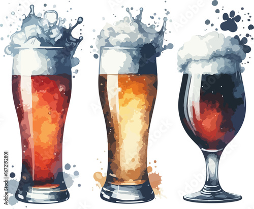 Three Glasses of Beer with Different Colors and Froth Watercolor Illustration on White Background Concept for Brewery and Pub Art