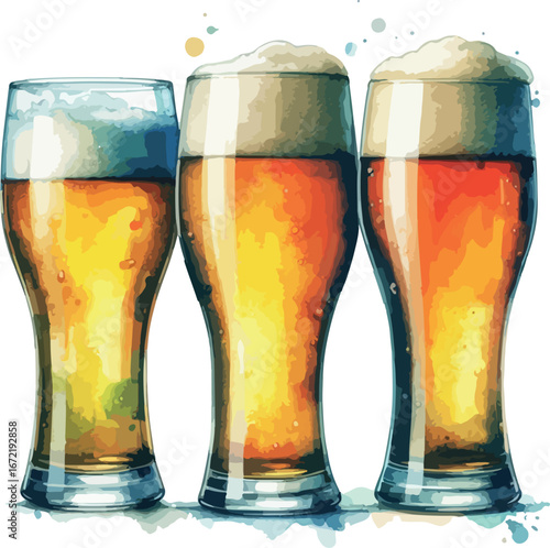 A cold golden lager in a pint glass with frothy white foam, isolated on a white background