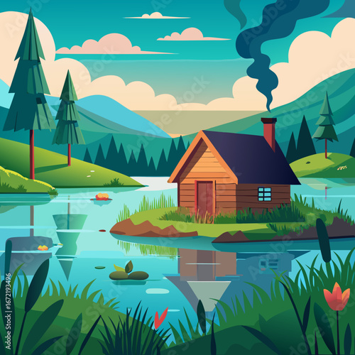 Serene lakeside cabin illustration in a lush green forest landscape scene