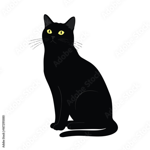 Elegant black cat sitting patiently on white surface, looking upwards with bright yellow eyes, creating a minimalist and modern aesthetic.