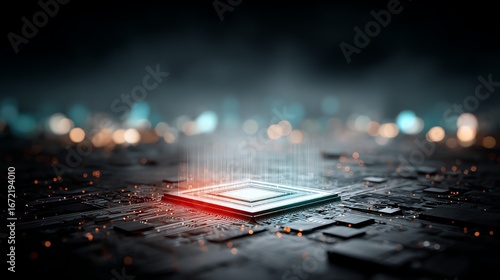 A glowing microchip, central to a complex circuit board, is dramatically illuminated against a blurred, futuristic cityscape backdrop, evoking innovation and technological advancement.