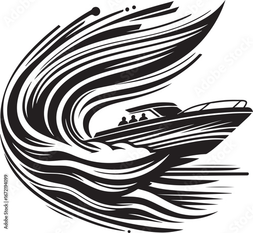 : Dynamic black and white illustration depicting a speedboat navigating swirling abstract waves, portraying speed and motion. Stunning composition illustrating energy and elegance