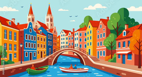 Vibrant European Canal Cityscape with Boats and Bridges, Featuring Colorful Buildings and Autumn Foliage
