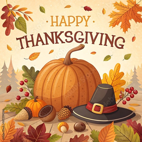Festive Thanksgiving illustration with a pumpkin, autumn leaves, acorns, and a pilgrim hat, featuring the text 