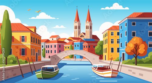 Colorful Cartoon Illustration of Venice Canal, Boats, and Buildings in a Vibrant Scene