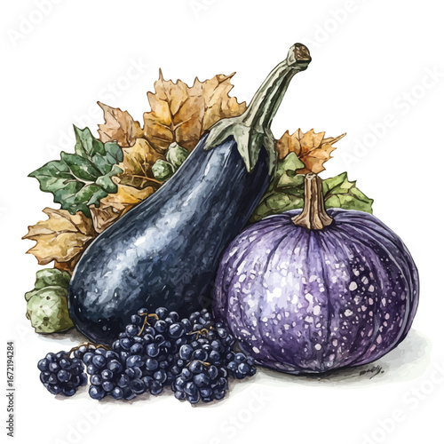 Colorful Harvest Vegetables, watercolor clipart vector, isolated on a white background.