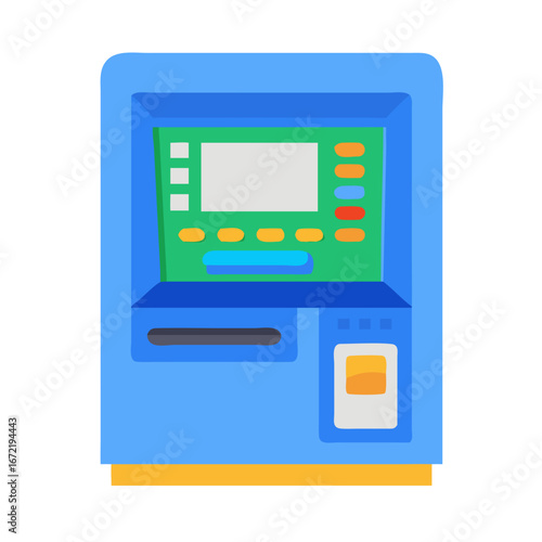 Colorful ATM machine illustration for banking concept - Flat vector illustration of an ATM machine in bright colors, symbolizing banking, money withdrawal, finance, cash transaction, and electronic 