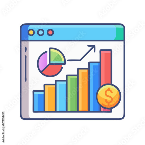 Colorful financial growth chart and analytics illustration - Flat illustration of a web window displaying bar chart, pie chart, arrow, and dollar symbol, representing business growth, finance, and dat