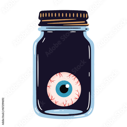 Creepy eyeball floats inside glass jar filled with dark liquid, creating spooky halloween decoration with eerie and unsettling atmosphere.