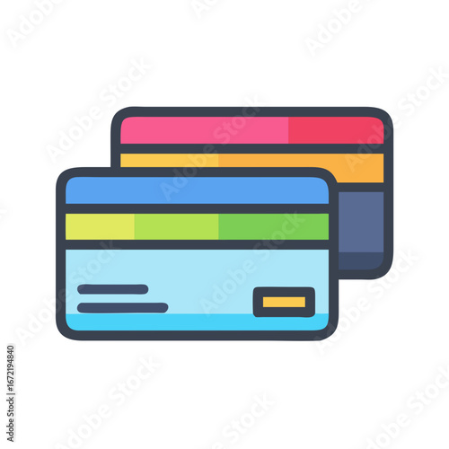 Credit and debit cards illustration - Flat design illustration of two colorful payment cards, representing credit cards, debit cards, online transactions, and electronic payments.  
