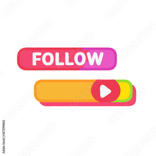 Follow button icon - Colorful gradient follow button illustration with a play symbol, representing social media, subscriptions, and online engagement.  
