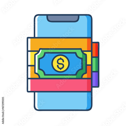 Mobile wallet and digital payment illustration - Flat style illustration of a smartphone with cash and cards, symbolizing mobile wallet, digital payments, online banking, and financial transactions.
