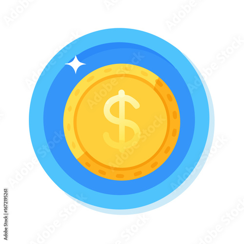 Gold coin icon with dollar currency symbol - Flat style illustration of a shiny gold coin inside a blue circle, representing money, wealth, savings, and financial success.
