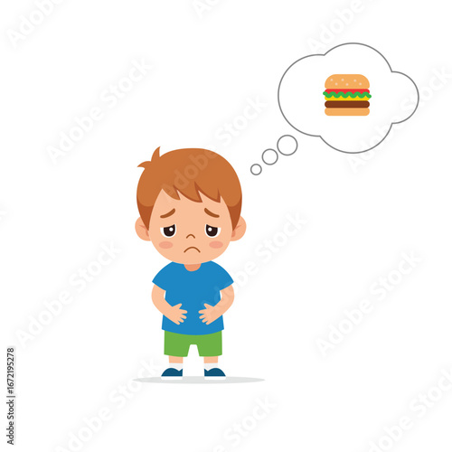 Sad Hungry Kid Holding Stomach Thinking of Fast Food Burger – Cute Vector Illustration of Unhappy Child Feeling Hungry and Craving Junk Food for Nutrition Concept