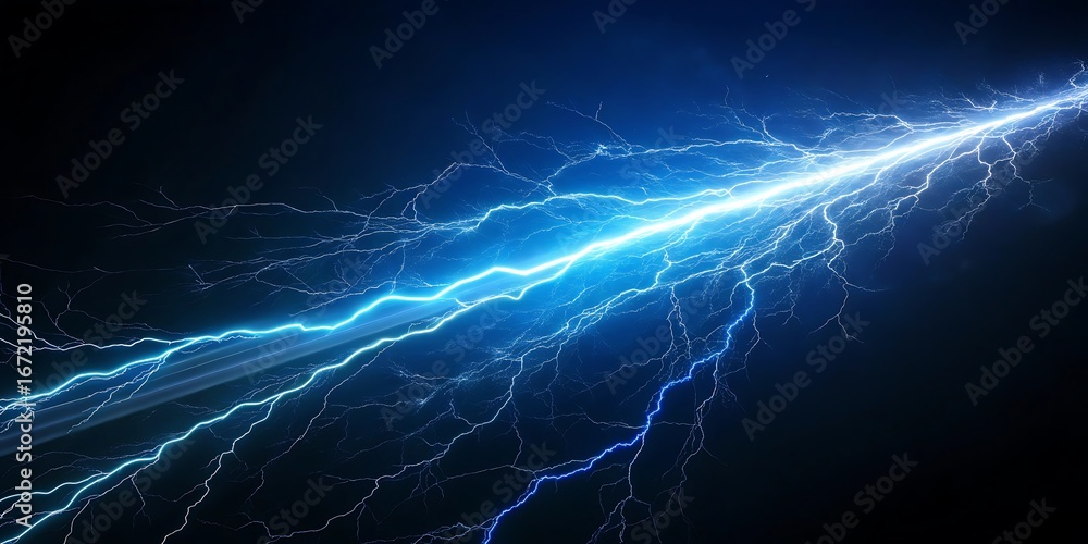 Fototapeta premium A powerful bolt of bright blue and white lightning streaks across a dark night sky illuminating the atmosphere with electric energy and a vibrant glow