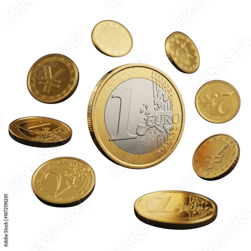 Collection of euro coins arranged in a circle isolated on transparent background