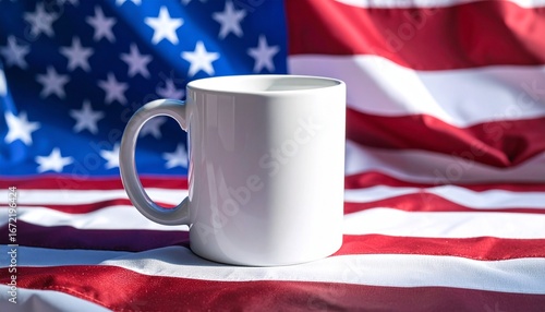 Blank white coffee mug mockup for custom branding, sitting on a vibrant American flag background for patriotic holiday concepts