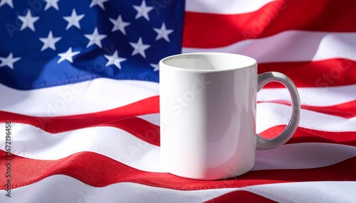 A blank white ceramic coffee mug sitting on a waving American flag, an ideal template for patriotic branding or custom designs