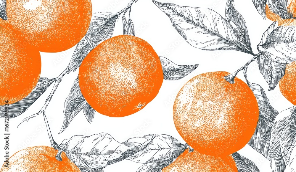 Orange fruit and leaves, detailed line art