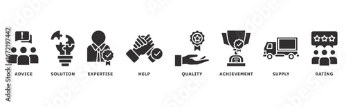 Customer Service icon set illustration concept with icon of advice, solution, expertise, help, quality, achievement, supply, rating