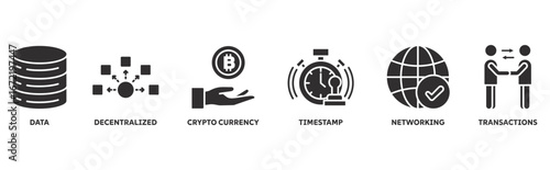 Blockchain icon set illustration concept with icon of data, decentralized, crypto currency, timestamp, network, transactions
