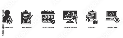 Release Management icon set illustration concept with icon of managing, planning, scheduling, building, testing, controlling, deployment