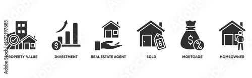 Real Estate icon set illustration concept with icon of property value, investment, real estate agent, sold, mortgage and homeowner