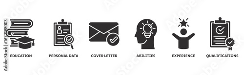 Curriculum Vitae icon set illustration concept with icon of  education, personal data, cover letter, abilities, experience, qualifications