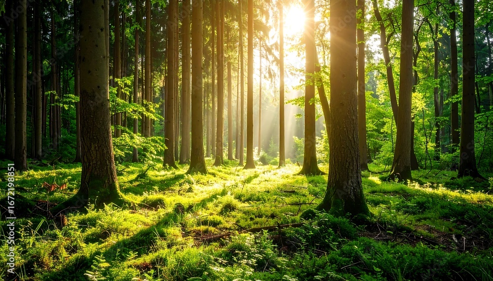 Obraz premium Sunrise in Lush Green Forest.