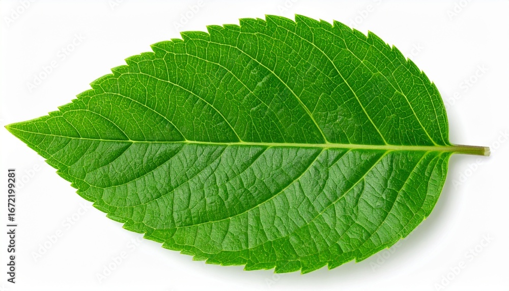 Obraz premium Close-up macro detail of a single vibrant green leaf showcasing its intricate vein structure and serrated edges, isolated on a pure white background