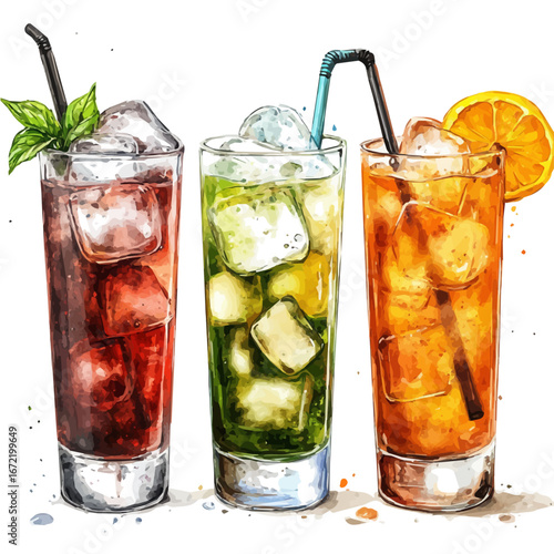 watercolor of Cold Drinks Hand Drawn, vector, isolated on a white background.