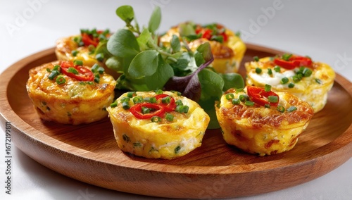 Savory baked egg bites with herbs and peppers arranged on a wooden plate, garnished