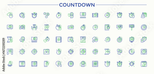 Countdown colorful icon set in linear style. It contains symbols to date, date and time, watch, time management, clock, alarm and more. Thin outline icons pack. Day icon set. Vector illustration.