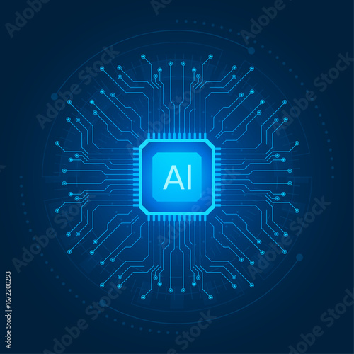 Artificial Intelligence Chip Vector Illustration. Futuristic AI Processor Technology Circuit Board Background.