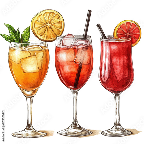 Cold Drinks Hand Drawn, watercolor vector, isolated on a white background.