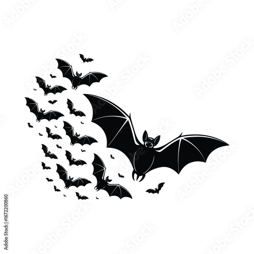 Eerie Night Fliers Silhouette Illustration of Bats Swarming in Dark Sky for Halloween
