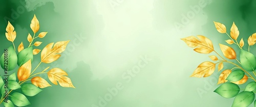 Elegant watercolor green gold leaf border, perfect for wedding stationery & more, art, gold