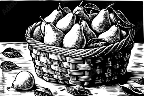 basket filled with pears decorated with leafy branches, elegant organic still life, detailed artistic black and white sketch