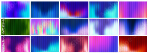 Fractal glass gradient backgrounds set with neon ribbed light pattern. Vibrant abstract design in purple and green color spectrum. Y2K geometric prism effect with chromatic distortion or fluid lines.