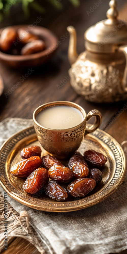 Fototapeta premium traditional ramadan iftar setup with dates, milk and arabic coffee pot, cultural food photography for fasting and eid celebration
