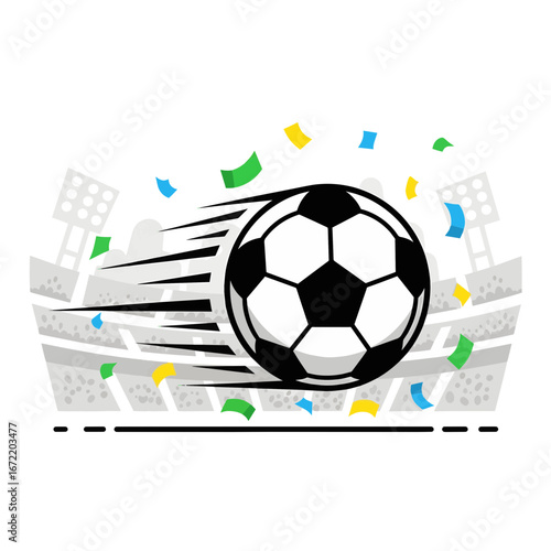 Dynamic Soccer Ball Flying Towards Stadium with Confetti A Sports Celebration