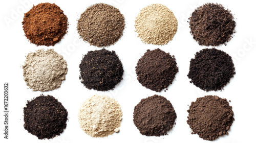 Collection of different types of soil in circular shapes on a white background. Various dry soil textures arranged in round shapes for comparison and testing