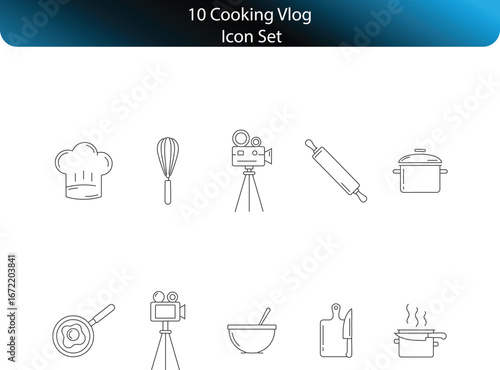 Minimalist Line Art Cooking Vlog Icons Collection – Simple Black and White Vector Set, cooking vlog icons, vector cooking icons,.