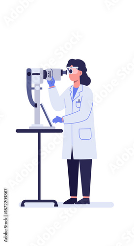 A dedicated female scientist in a white lab coat meticulously examines a patient's eye using advanced ophthalmic equipment in a modern clinic.