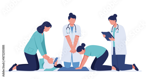 Medical professionals are instructing two students in essential cardiopulmonary resuscitation (CPR) techniques using a dummy during a crucial first aid training session.