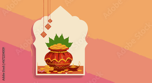 A beautifully illustrated traditional Indian kalash pot overflowing with golden coins, symbolizing wealth and prosperity during festive celebrations.