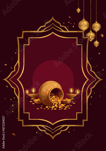 Indian festive background with a golden pot spilling coins, glowing diyas, and ornate lanterns, framed elegantly, symbolizing prosperity and joy.