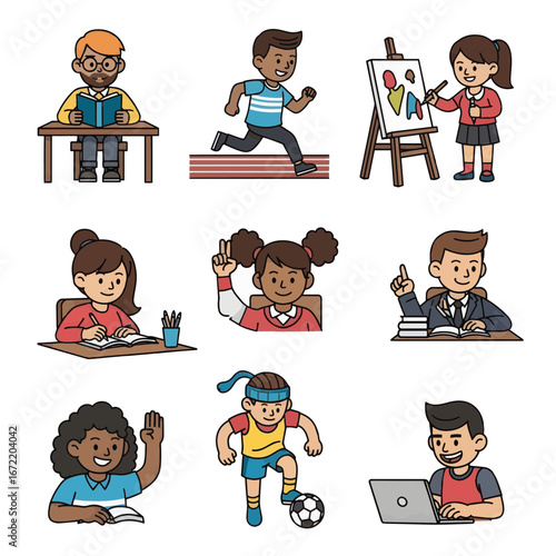 Diverse group of children engaged in various activities like studying, running, painting, and playing soccer